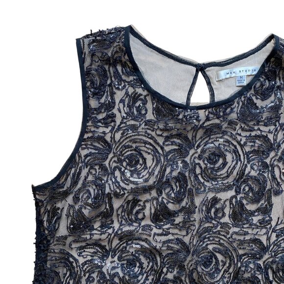 Max Studio Sequin Lace 3D Sleeveless Top Black Coquette Whimsigoth Dark Fairy-M - Picture 2 of 16